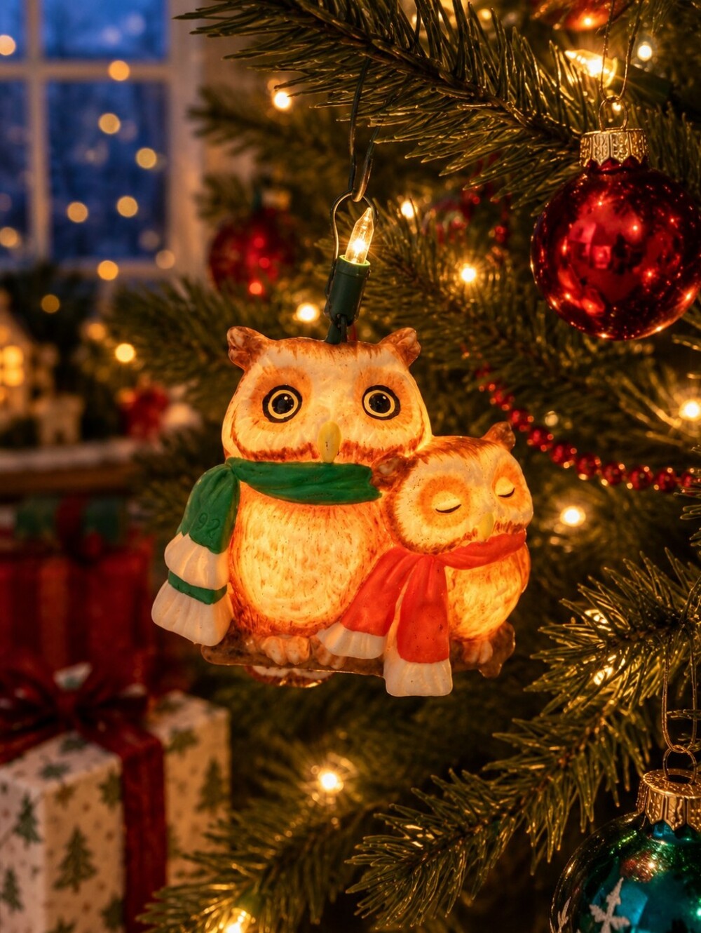 Hallmark Keepsake Watch Owls Magic Light Ornament 1992 Porcelain w/ Box